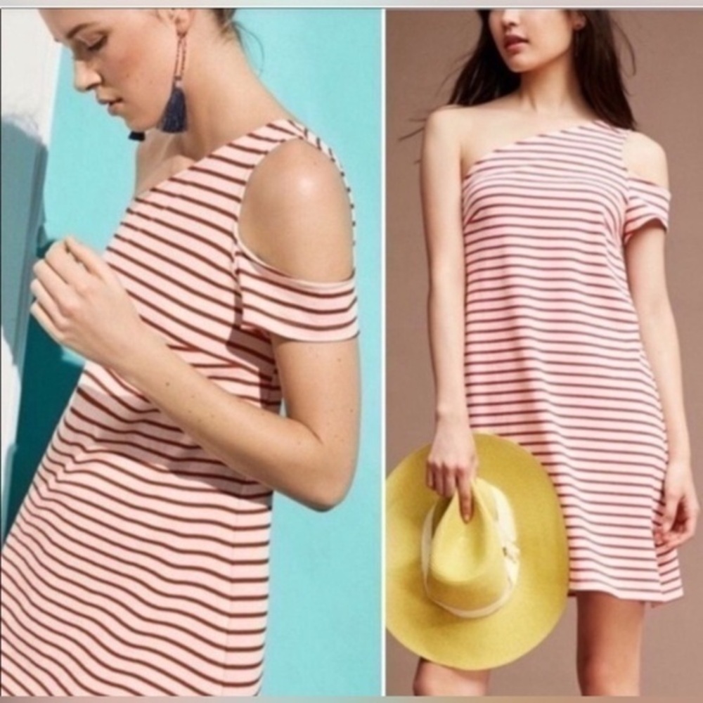 Anthro Maeve marketa, red white striped one shoulder dress. petite MP.